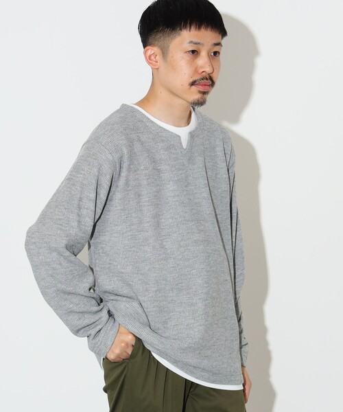 BEAMS HEART(ビームスハート)の「畦編み キーネック フェイクレイヤー カットソー(Tシャツ/カットソー・メンズ・グレー/ネイビー・S/M/L/XL)」の6枚目の写真