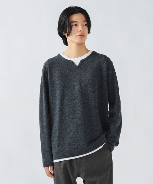 BEAMS HEART(ビームスハート)の「畦編み キーネック フェイクレイヤー カットソー(Tシャツ/カットソー・メンズ・グレー/ネイビー・S/M/L/XL)」の9枚目の写真