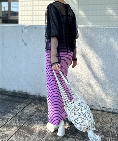 セール】【2WAY】配色チュール レイヤード ボリュームスリーブトップス