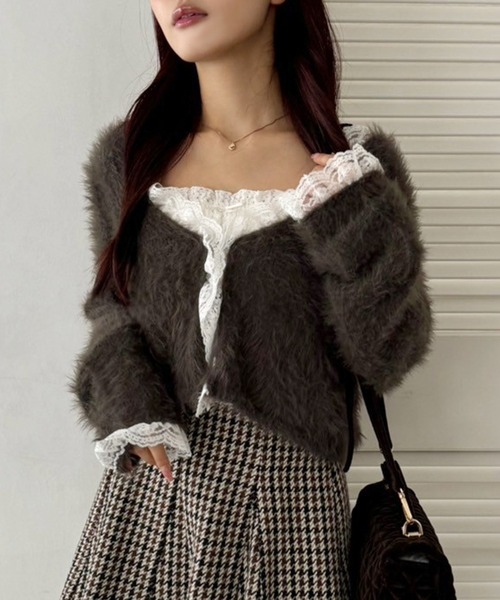 one after another NICE CLAUP（ワンアフターアナザーナイスクラップ）の「レースフェザーカーディガン（カーディガン/ボレロ・レディース・モカ/ベージュ/オフホワイト/チャコールグレー・FREE）」の3枚目の写真