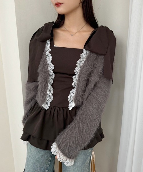 one after another NICE CLAUP（ワンアフターアナザーナイスクラップ）の「レースフェザーカーディガン（カーディガン/ボレロ・レディース・モカ/ベージュ/オフホワイト/チャコールグレー・FREE）」の14枚目の写真