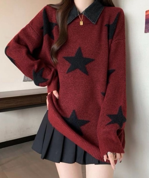 セール】付け衿セットバイカラー星柄ニット（ニット/セーター）｜LADY