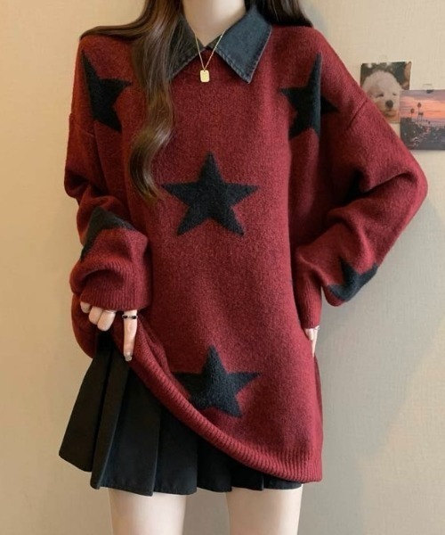 ネイビー/レッド 星柄 セーター・スカートセット セール】付け衿セットバイカラー星柄ニット（ニット/セーター）｜LADY