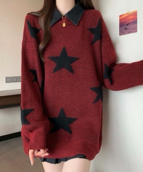 セール】付け衿セットバイカラー星柄ニット（ニット/セーター）｜LADY