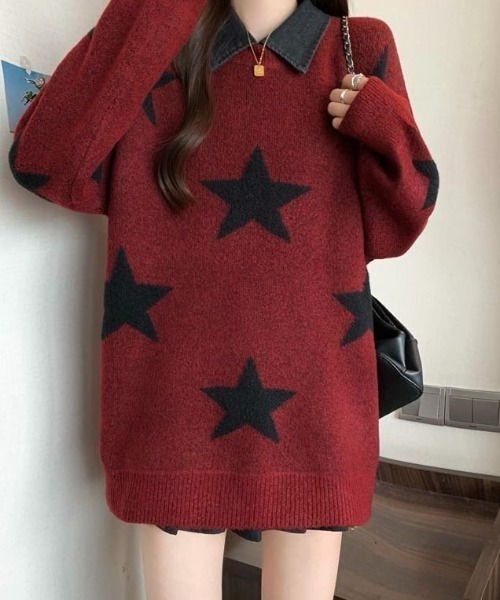 セール】付け衿セットバイカラー星柄ニット（ニット/セーター）｜LADY