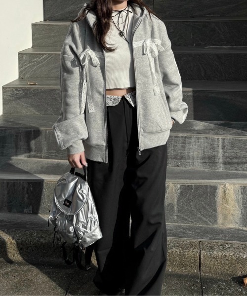 nemne store（ネンネストア）の「【Seoup】裏起毛レースジップアップフーディ（パーカー・レディース・杢グレー/ブラック・SMALL/MEDIUM）」の16枚目の写真