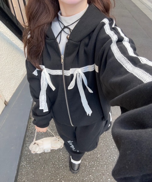 nemne store（ネンネストア）の「【Seoup】裏起毛レースジップアップフーディ（パーカー・レディース・杢グレー/ブラック・SMALL/MEDIUM）」の5枚目の写真