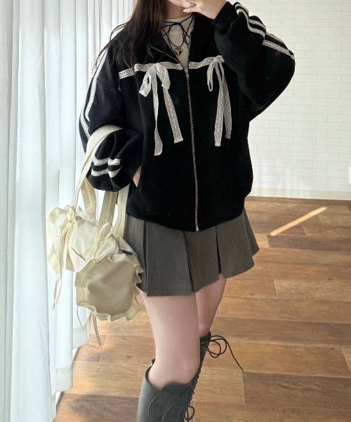 nemne store（ネンネストア）の「【Seoup】裏起毛レースジップアップフーディ（パーカー・レディース・杢グレー/ブラック・SMALL/MEDIUM）」の7枚目の写真