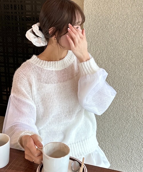ニット セーター azusa - チュールドッキングローゲージニット made in INTER FACTORY レディース セール】azusa - チュールドッキングローゲージニット made in