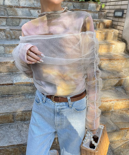 ROYAL PARTY（ロイヤルパーティー）の「ラメチュールレイヤードシアートップス（Tシャツ/カットソー・レディース・オフホワイト/ブラック/ベージュ・FREE）」の3枚目の写真