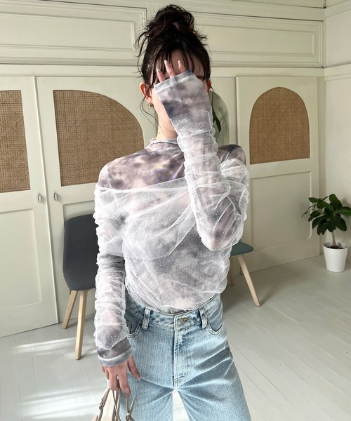 ROYAL PARTY（ロイヤルパーティー）の「ラメチュールレイヤードシアートップス（Tシャツ/カットソー・レディース・オフホワイト/ブラック/ベージュ・FREE）」の16枚目の写真