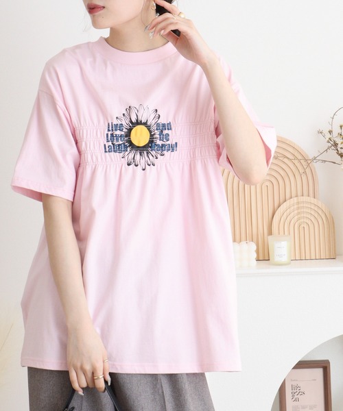 Arinomama(アリノママ)の「USAコットン シャーリングフラワー&ロゴT(Tシャツ/カットソー・レディース・チャコールグレー/アイボリー/ライトピンク/ライトブルー・FREE)」の4枚目の写真