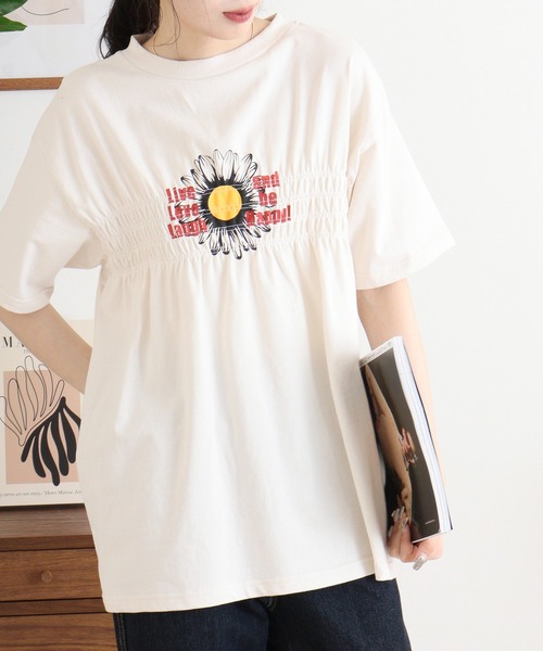 ドゥロワー ロゴ入り上質コットンカットソーTシャツ セール】USAコットン シャーリングフラワー＆ロゴT（Tシャツ