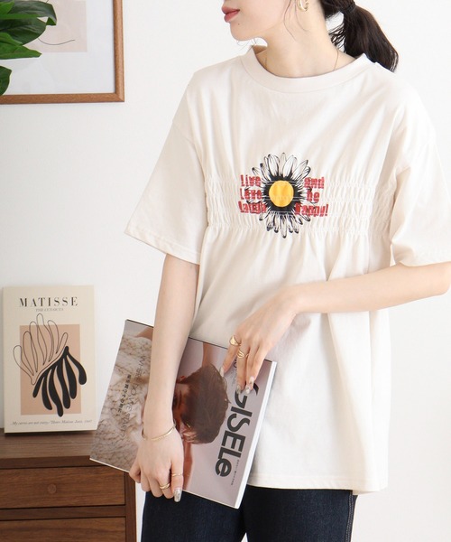 Arinomama(アリノママ)の「USAコットン シャーリングフラワー&ロゴT(Tシャツ/カットソー・レディース・チャコールグレー/アイボリー/ライトピンク/ライトブルー・FREE)」の5枚目の写真