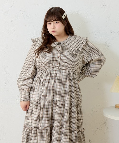 ♡Louiosy ルオシー♡襟付きレースカラーチェックワンピース 3Lサイズ セール】【大きいサイズ】フリル襟ティアード総柄ワンピース