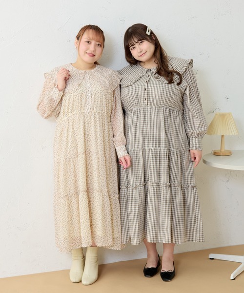 セール】【大きいサイズ】フリル襟ティアード総柄ワンピース
