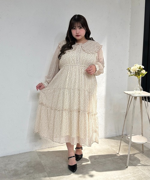 高品質 セール】【大きいサイズ】フリル襟ティアード総柄ワンピース ワンピース