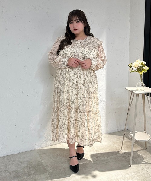 セール】【大きいサイズ】フリル襟ティアード総柄ワンピース