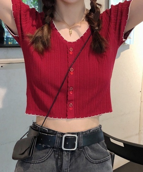 SHEPP(シープ)の「配色 ボタン リブ メロウデザイン ニットソー(Tシャツ/カットソー・レディース・ブラック/ホワイト/レッド・F)」の13枚目の写真