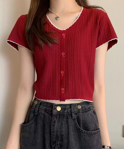 SHEPP(シープ)の「配色 ボタン リブ メロウデザイン ニットソー(Tシャツ/カットソー・レディース・ブラック/ホワイト/レッド・F)」の15枚目の写真