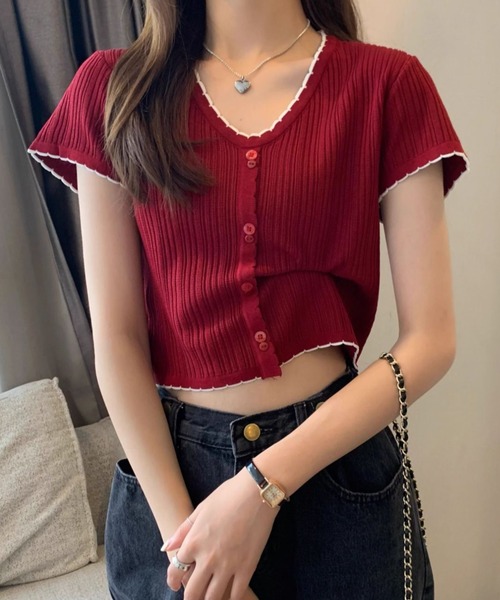 SHEPP(シープ)の「配色 ボタン リブ メロウデザイン ニットソー(Tシャツ/カットソー・レディース・ブラック/ホワイト/レッド・F)」の16枚目の写真