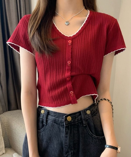 SHEPP(シープ)の「配色 ボタン リブ メロウデザイン ニットソー(Tシャツ/カットソー・レディース・ブラック/ホワイト/レッド・F)」の17枚目の写真