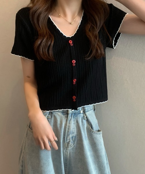 SHEPP(シープ)の「配色 ボタン リブ メロウデザイン ニットソー(Tシャツ/カットソー・レディース・ブラック/ホワイト/レッド・F)」の11枚目の写真