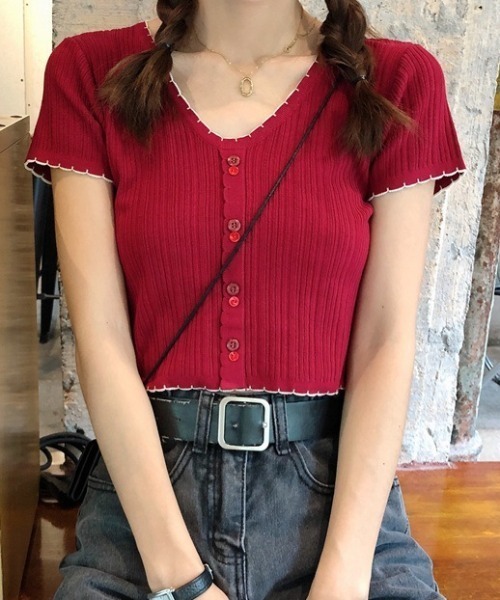 SHEPP(シープ)の「配色 ボタン リブ メロウデザイン ニットソー(Tシャツ/カットソー・レディース・ブラック/ホワイト/レッド・F)」の18枚目の写真