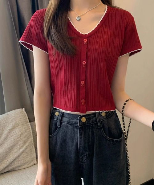 SHEPP(シープ)の「配色 ボタン リブ メロウデザイン ニットソー(Tシャツ/カットソー・レディース・ブラック/ホワイト/レッド・F)」の19枚目の写真