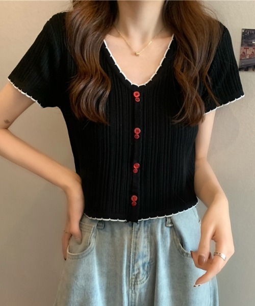 SHEPP(シープ)の「配色 ボタン リブ メロウデザイン ニットソー(Tシャツ/カットソー・レディース・ブラック/ホワイト/レッド・F)」の20枚目の写真