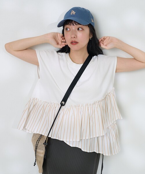 セール】裾フリル ストライプTシャツ/異素材ドッキングTシャツ（T