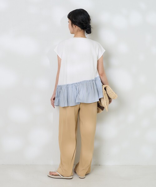 セール】裾フリル ストライプTシャツ/異素材ドッキングTシャツ（T