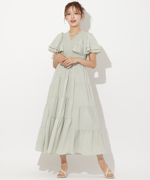 AND COUTURE(アンドクチュール)の「ギャザーVネックティアードワンピース(ワンピース・レディース・ボルドー/サックスブルー/ブラック/オフホワイト/ミント・FREE)」の6枚目の写真