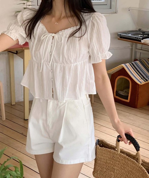 LAFFMO（ラフモ）の「パフスリーブリボンブラウス（Tシャツ/カットソー・レディース・ベージュ/ホワイト/ブラック・F）」の12枚目の写真