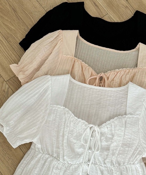 LAFFMO（ラフモ）の「パフスリーブリボンブラウス（Tシャツ/カットソー・レディース・ベージュ/ホワイト/ブラック・F）」の4枚目の写真