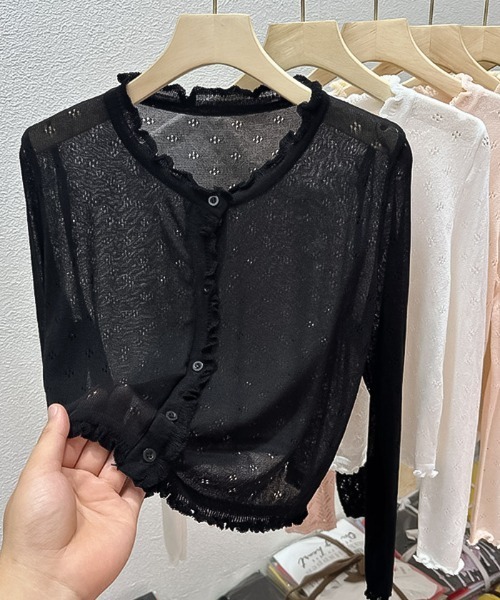 blackdia ocean（ブラックダイヤオーシャン）の「blackdia ocean 透かし編み ライトニットカーディガン（カーディガン/ボレロ・レディース・ホワイト/ピンク/ブラック/オフホワイト・FREE）」の6枚目の写真