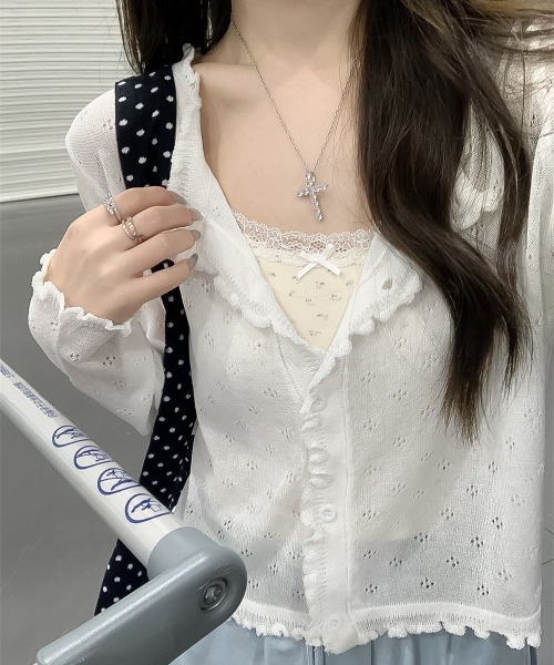 blackdia ocean（ブラックダイヤオーシャン）の「blackdia ocean 透かし編み ライトニットカーディガン（カーディガン/ボレロ・レディース・ホワイト/ピンク/ブラック/オフホワイト・FREE）」の8枚目の写真
