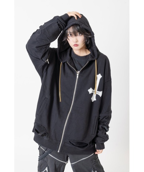 未使用級✨️ PSYNYXX ダメージ ジップパーカー 2way クロス サブカル PSYNYXXチェーンクロスダメージパーカー サブカル 地雷 グランジ