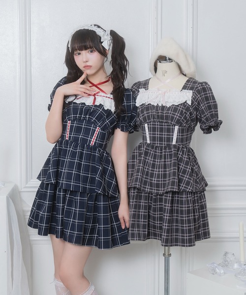 セール】デコルテリボン配色チェックワンピース（ワンピース）｜Honey