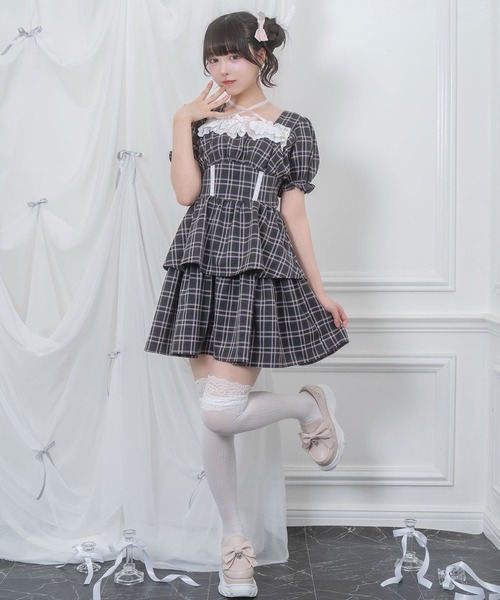 Honey Cinnamon（ハニーシナモン）の「デコルテリボン配色チェックワンピース（ワンピース・レディース・ネイビー/ダークグレー・FREE）」の5枚目の写真