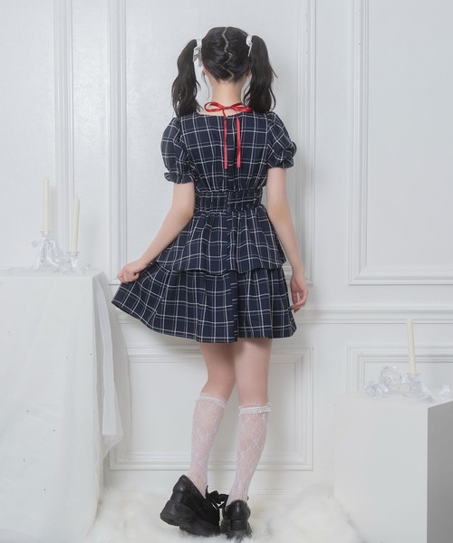 Honey Cinnamon（ハニーシナモン）の「デコルテリボン配色チェックワンピース（ワンピース・レディース・ネイビー/ダークグレー・FREE）」の6枚目の写真