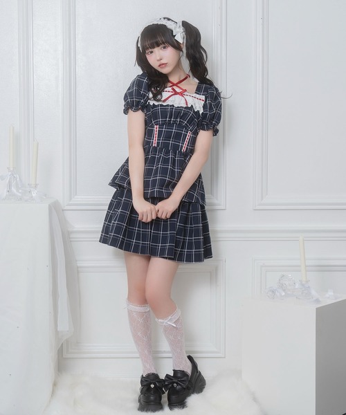 Honey Cinnamon（ハニーシナモン）の「デコルテリボン配色チェックワンピース（ワンピース・レディース・ネイビー/ダークグレー・FREE）」の7枚目の写真