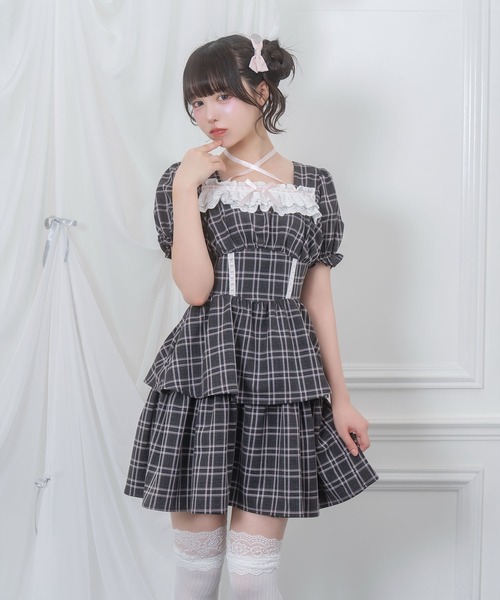 honey cinnamon 配色リボンコットンワンピース 配色ツイードポイント