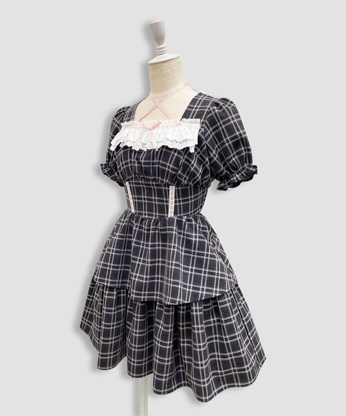 デコルテリボン配色チェックワンピース（ワンピース）｜Honey