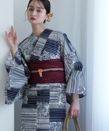 浴衣2点セット 墨と灰青ぼかし縞つゆくさ（浴衣）｜utatane（ウタタネ