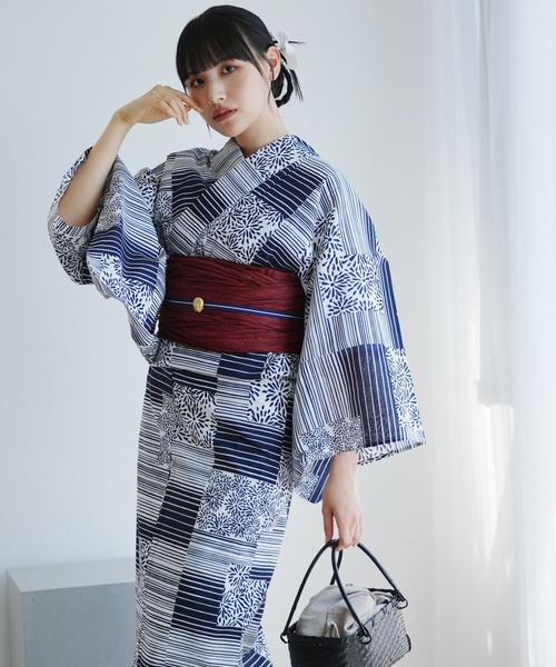 浴衣2点セット 紺の縞々と菊の変わり市松（浴衣）｜utatane