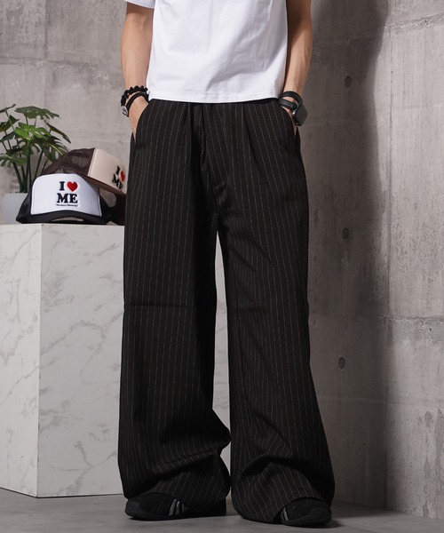 #MEMORY(メモリー)の「【MEMORY】ワイドストレート スラックス パンツ / Wide Straight Slacks Pants(スラックス・メンズ・ブラック/ストライプ・S/M/L)」の2枚目の写真