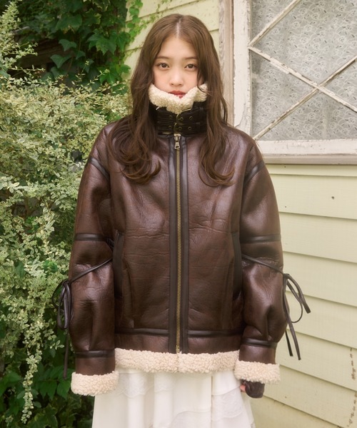 Mellowneon アウター ブラウン マルチウェイヴィンテージレザーライクボアジャケット（ブルゾン