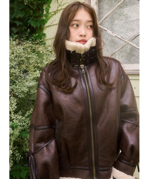 Mellowneon アウター ブラウン マルチウェイヴィンテージレザーライクボアジャケット（ブルゾン