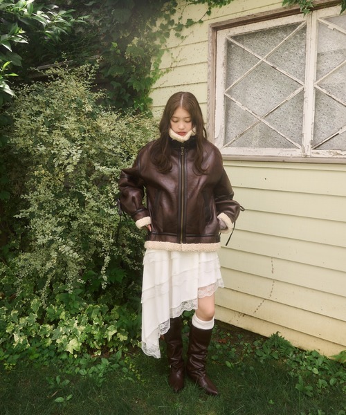 Mellowneon アウター ブラウン マルチウェイヴィンテージレザーライクボアジャケット（ブルゾン